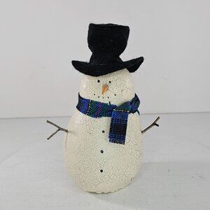 Vintage Natalie Silitch Folk Art Snowman Figurine Black Hat Plaid Scarf